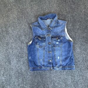 eXcuse Trucker Vest Womens Large Blue Denim Distressed Pockets Button Front